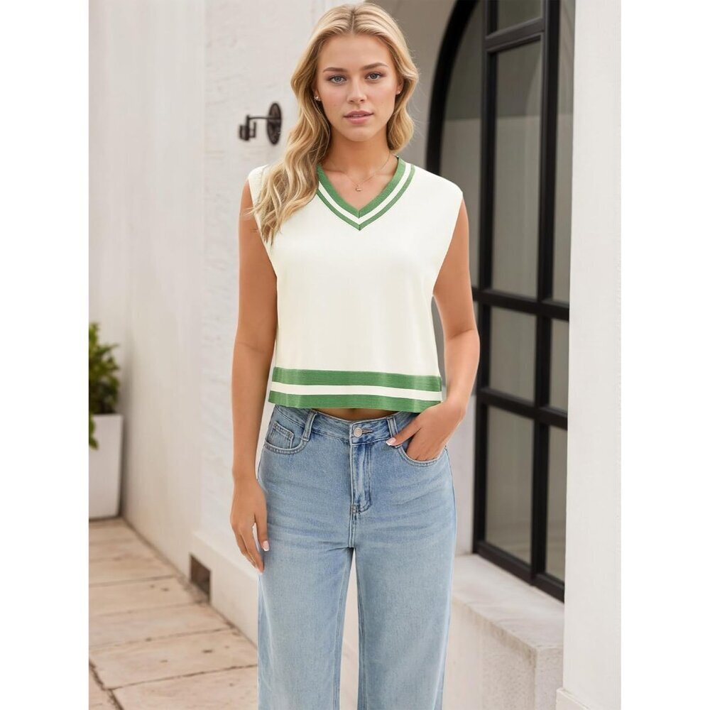 Womens Sleeveless Cropped Sweater Vest Knit V Neck Loose Fit Tank Top - Picture 2 of 6